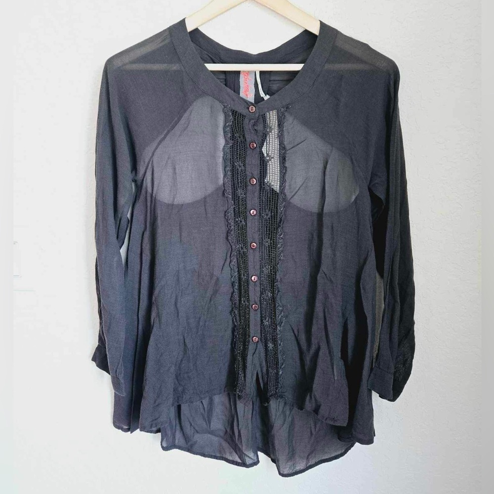 Free People Black Boho Gauze Tunic Oversized Blouse Size Small
